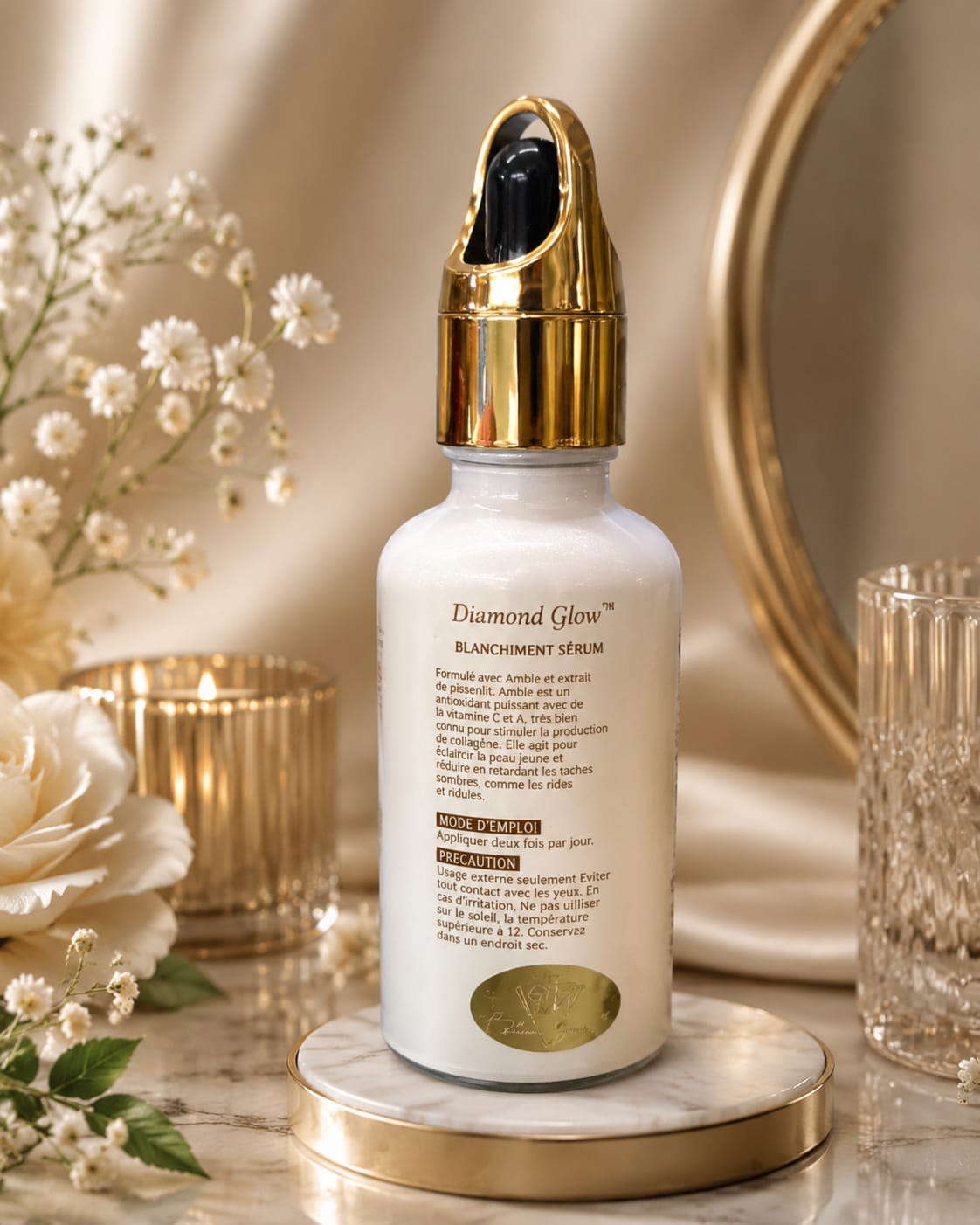 Diamond Glow Elegant Serum in 1.66 oz bottle, featuring a sleek design and clear labeling, for radiant skincare.