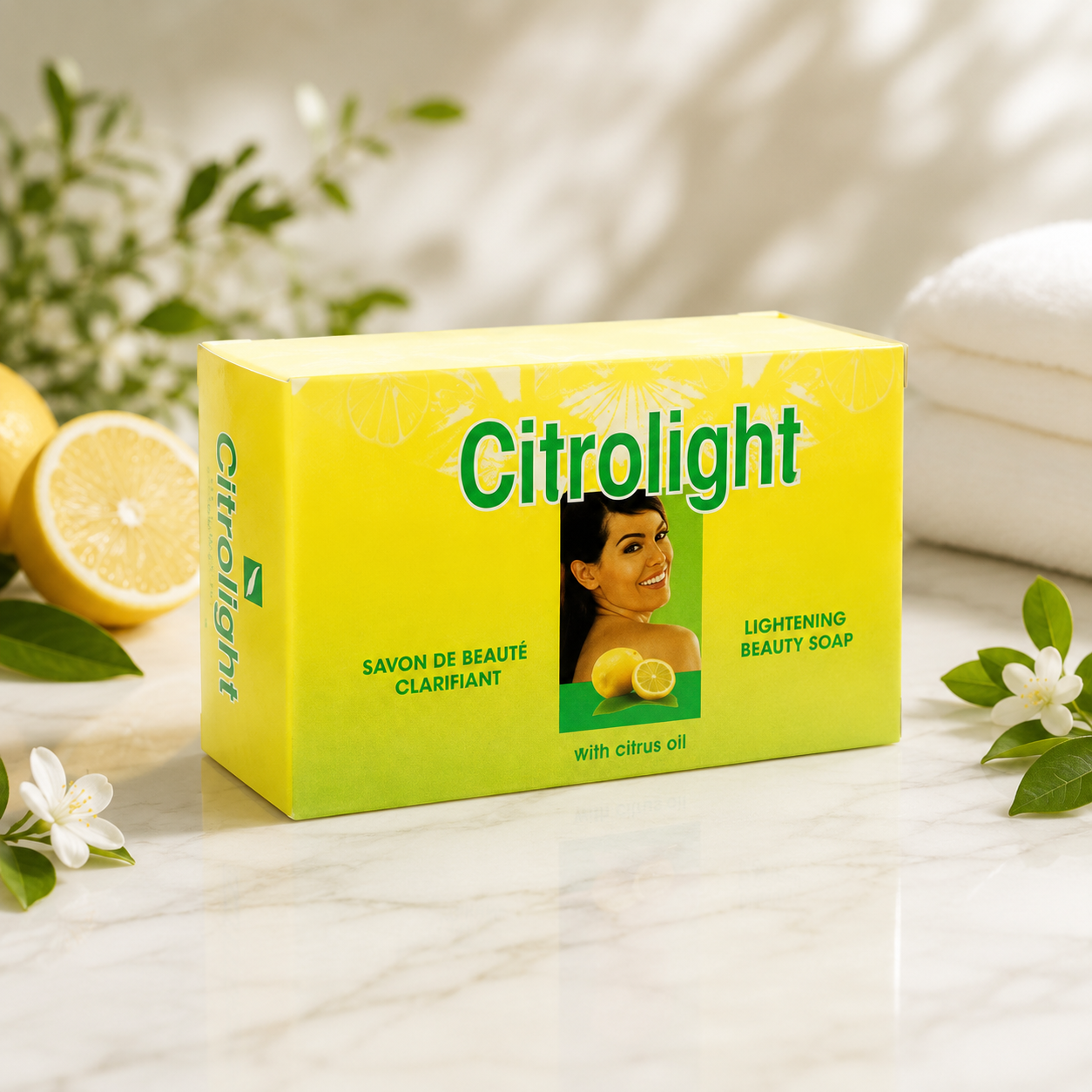 Citro Citrolight Beauty Soap with lemon extract and vitamins, 7 oz, showing a bar of soap with lemon slices and vibrant packaging.