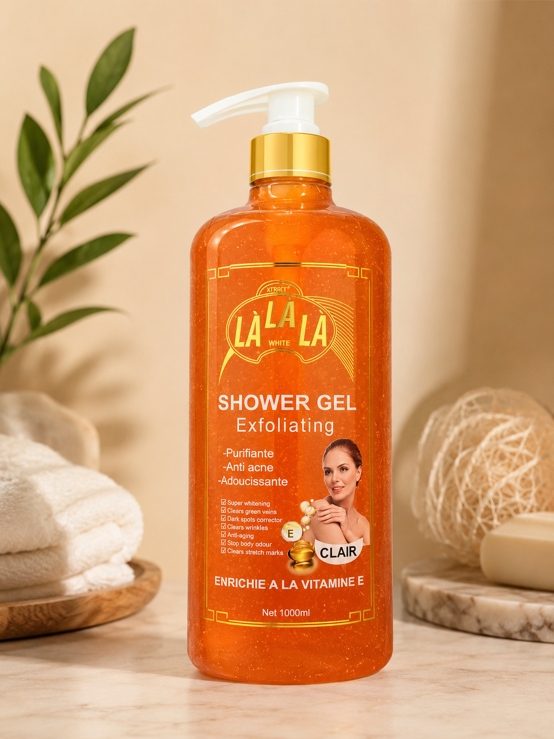 LaLaLa White Vitamin E Shower Gel with Apricot Seed Powder in a 1000ml bottle, featuring a white and apricot-colored label.