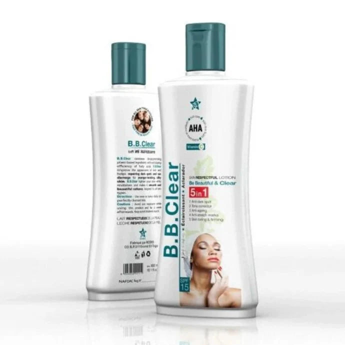 B.B. Clear Lotion 300ml bottle with clear, lightweight liquid in transparent packaging, designed for skin hydration and clarity.