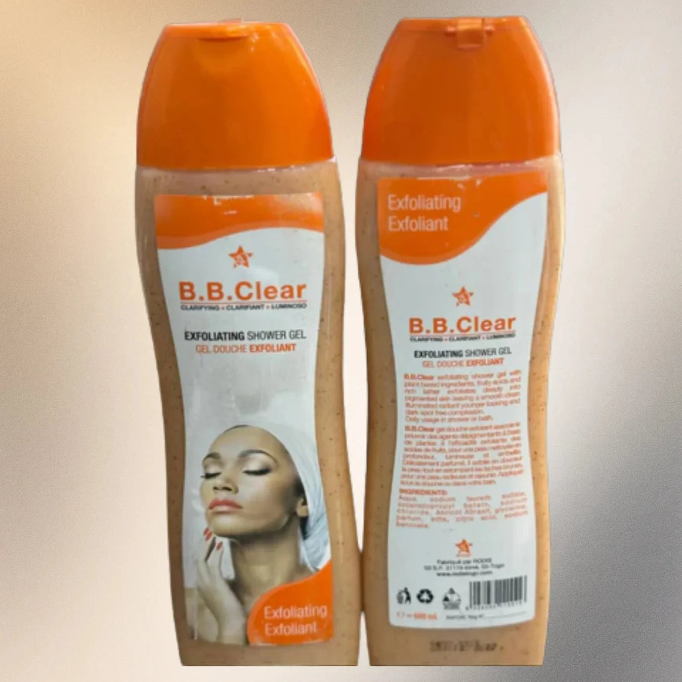 B.B. Clear Shower Gel 600ml bottle with transparent gel and label, designed for cleansing and refreshing skin.