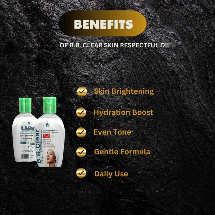 B.B. Clear Skin Respectful Oil with Vitamin C and fruit extracts in 60ml bottle, showcasing the product's packaging.