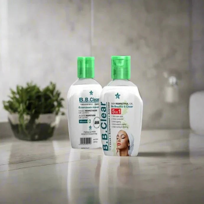B.B. Clear Skin Respectful Oil with Vitamin C and fruit extracts in a 60ml bottle, featuring a clear dropper and vibrant fruit imagery