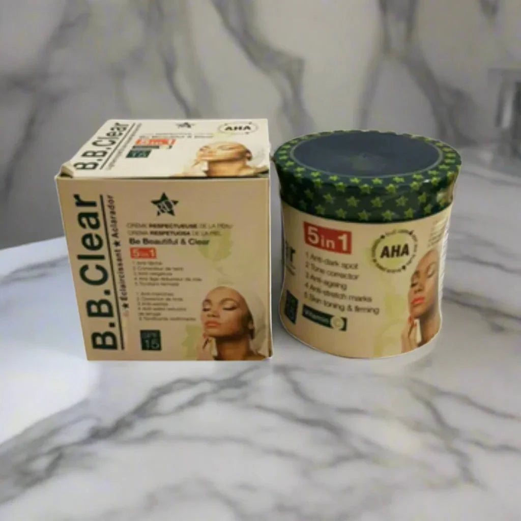 B.B. Clear Skin Respectful Cream 320ml jar showing the creamy skincare product in a white container with a blue lid.