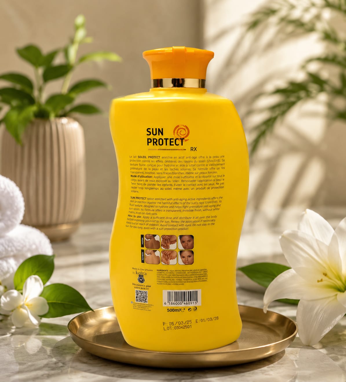Soleil Protect Sun Care Body Lotion 500ml bottle with pump dispenser, moisturizing sunscreen lotion for skin protection.