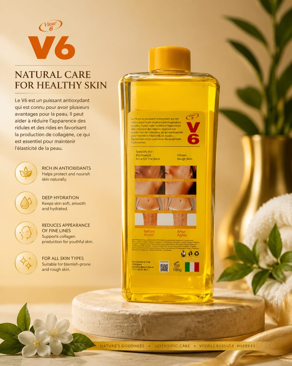 Vitesse V6 Xtract Nourishing Body Oil with botanical extracts in a 1000ml bottle, showing the oil's smooth texture and natural ingredients.