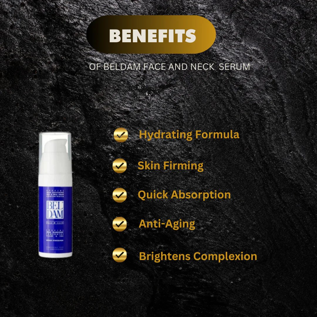 Beldam Face & Neck Serum 30 ml in a clear glass bottle with a pump dispenser, designed for facial and neck skincare.