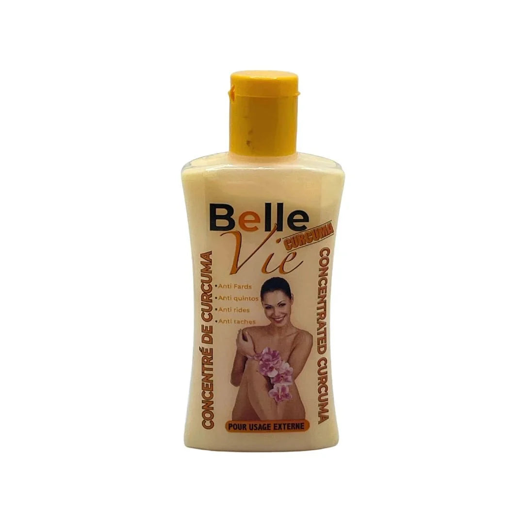 Bottle of BelleVie Concentrated Curcuma 70ml with a vibrant label, showcasing turmeric supplement for health and wellness.