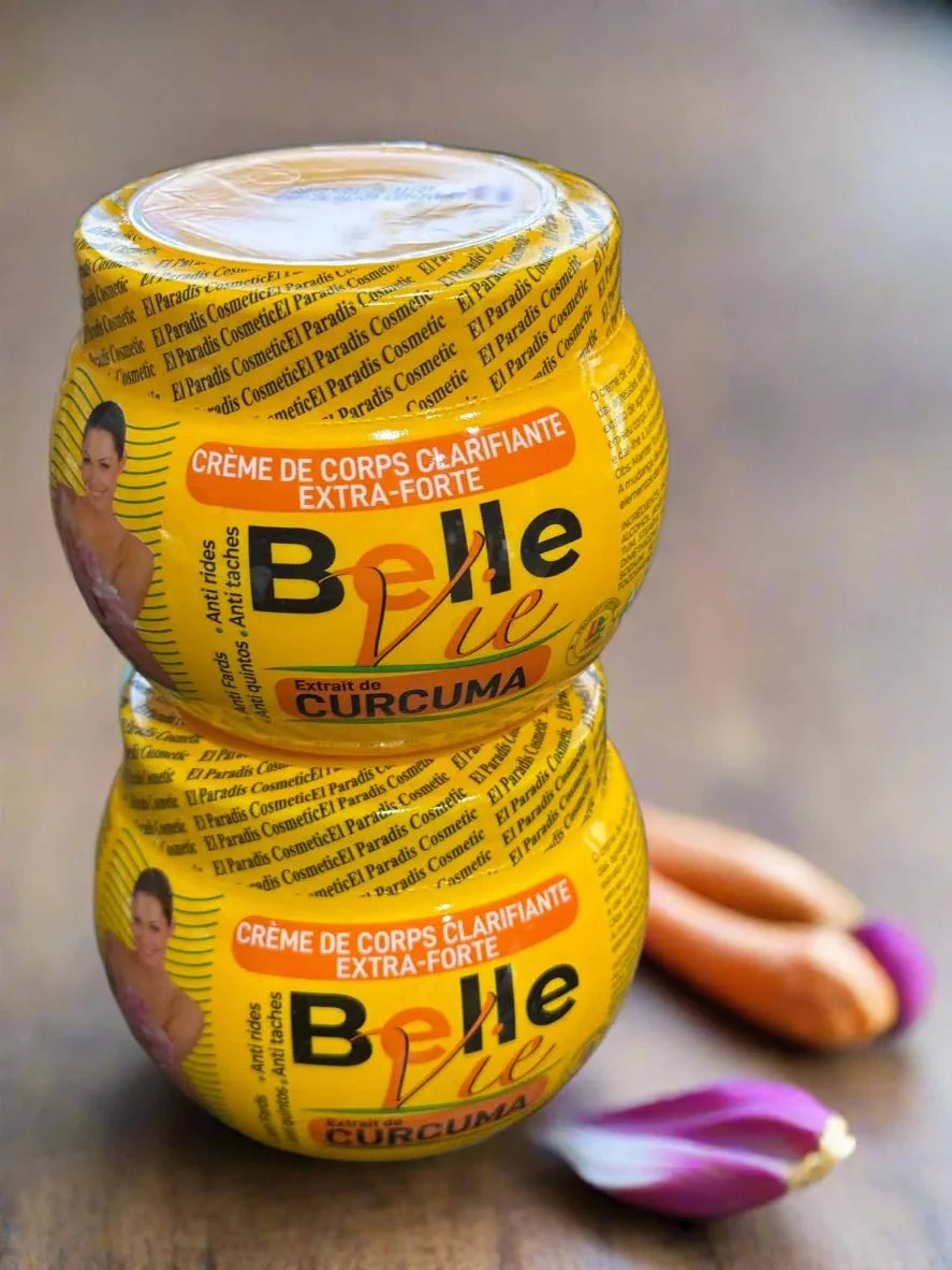 BelleVie Curcuma Body Cream 300ml jar with a smooth, creamy texture and fresh turmeric-inspired packaging.
