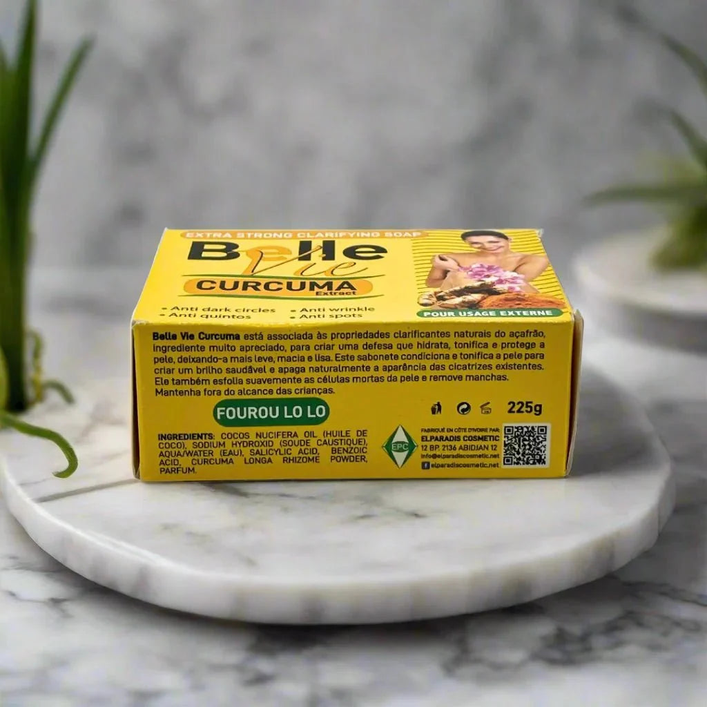Bellevie Curcuma Extract Beauty Soap 225g with turmeric-infused formula, showing the soap bar wrapped in clear packaging.