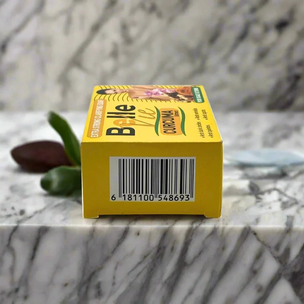 Bellevie Curcuma Extract Beauty Soap 225g with turmeric and natural ingredients for skin care, shown in its packaging.