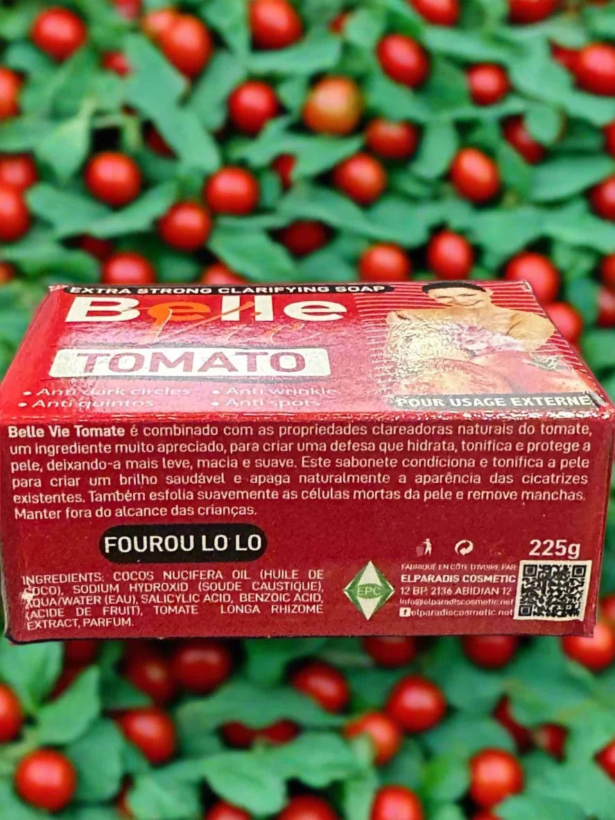 Bellevie Tomato Extract Beauty Soap in 225g with fresh tomato slices and soap bar highlighting natural ingredients