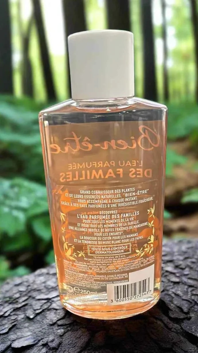 Bien-Être Family Mandarin Cologne bottle, 250 ml, with a citrus fragrance and colorful label, ideal for all ages.