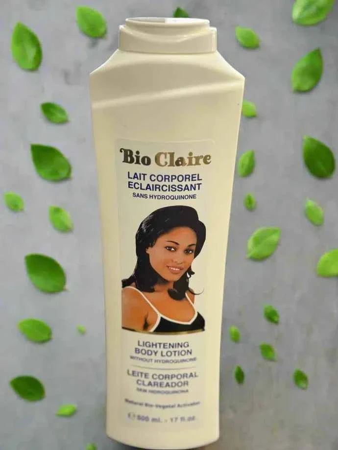 Bio Claire Body Lotion 500 ml bottle with smooth, moisturizing texture and clean label, displayed in a natural setting