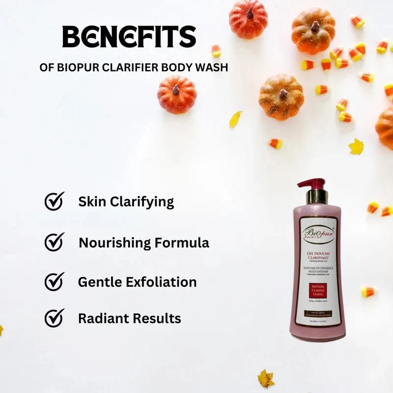 Biopur Paris Clarifying Body Wash in 400 ml bottle, featuring fresh and clean skin with natural ingredients.