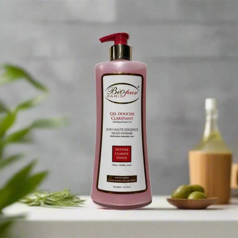 Biopur Paris Clarifying Body Wash with fresh, clean skin, 400 ml bottle showing on the product label.