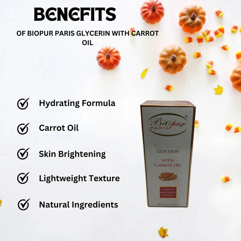 Biopur Paris Glycerin with Carrot Oil moisturizing care bottle, 125 ml, featuring a label and pump dispenser.