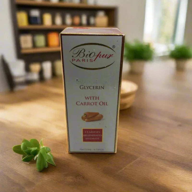 Biopur Paris Glycerin with Carrot Oil moisturizing care in a 125 ml bottle, showing the product and packaging.