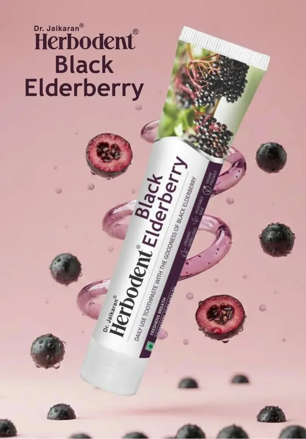 Herbodent Black Elderberry Herbal Toothpaste with organic herbs in 185g tube, featuring black elderberry and natural ingredients.