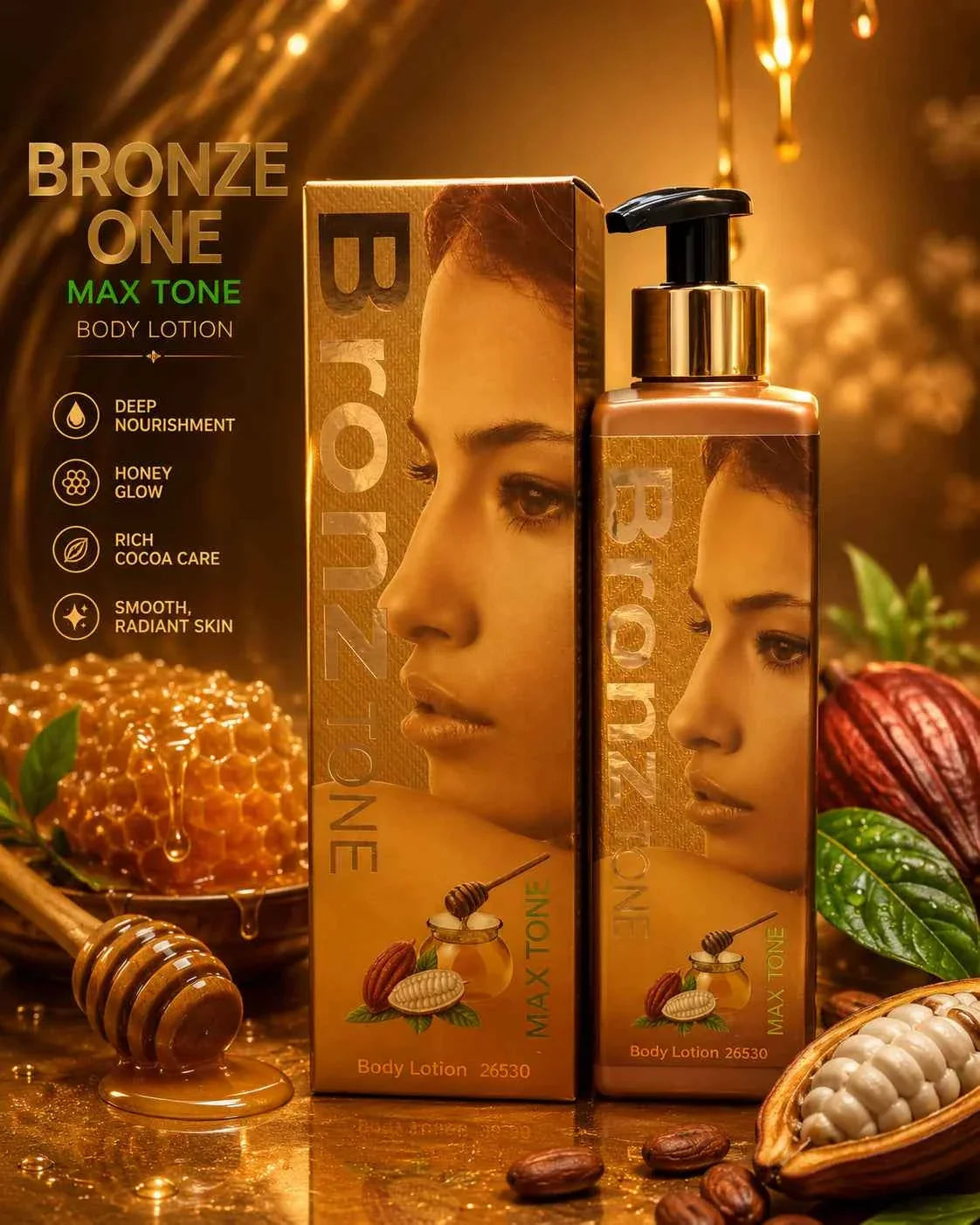 Bronz Tone Cocoa Butter & Honey Body Milk in 500ml bottle, featuring a sleek packaging design and smooth, creamy texture.