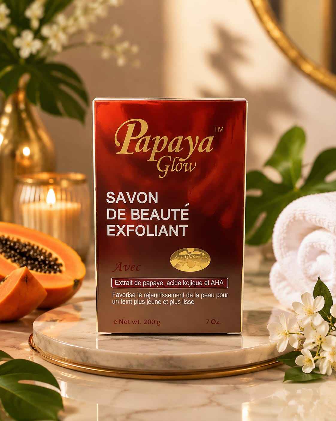 Papaya Glow Beauty Soap 7 oz bar with fresh papaya and natural ingredients, showcasing the soap on a white background.