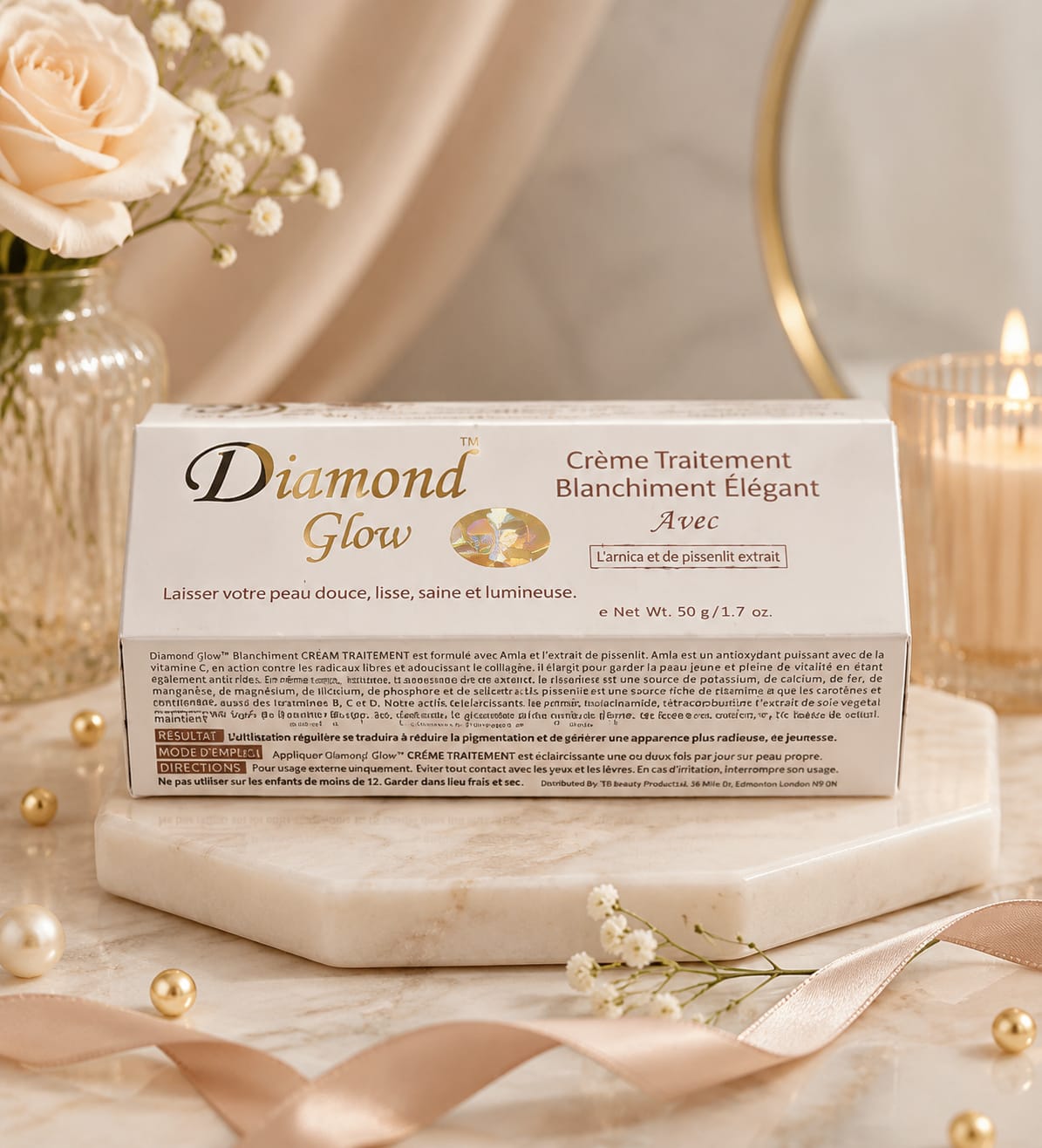 Diamond Glow Elegant Cream jar showing the luxurious 1.7 oz/50 g skincare product with a sleek design and silver accents.