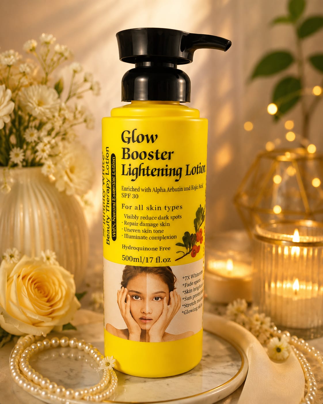 Infinity White Beauty Therapy Body Lotion bottle with white label and pump, featuring alpha arbutin and kojic ingredients.