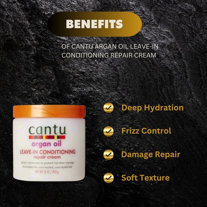 Cantu Argan Leave-In Conditioning Cream 16oz bottle, creamy hair treatment for moisture and shine, with argan oil.