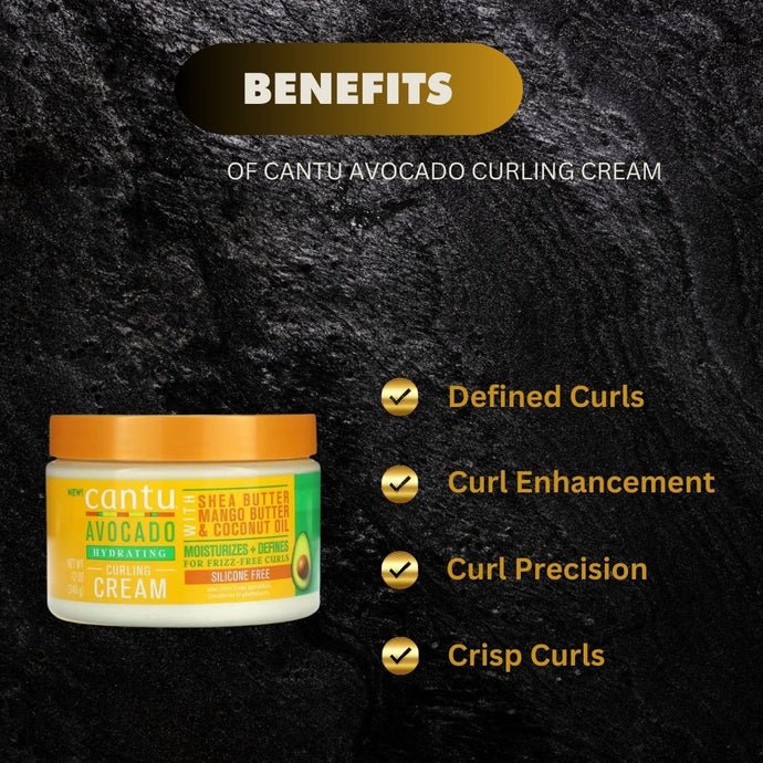 Cantu Avocado Curling Cream 12oz jar with a white lid, showcasing creamy texture for defining curly hair.