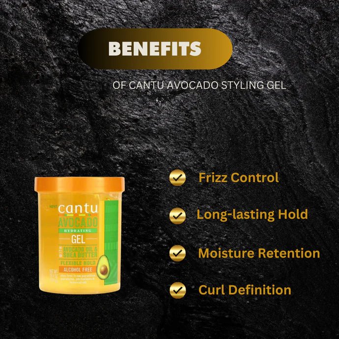 Cantu Avocado Styling Gel in 18.5 oz jar, showing the clear gel product with Cantu branding and avocado illustrations on the label.