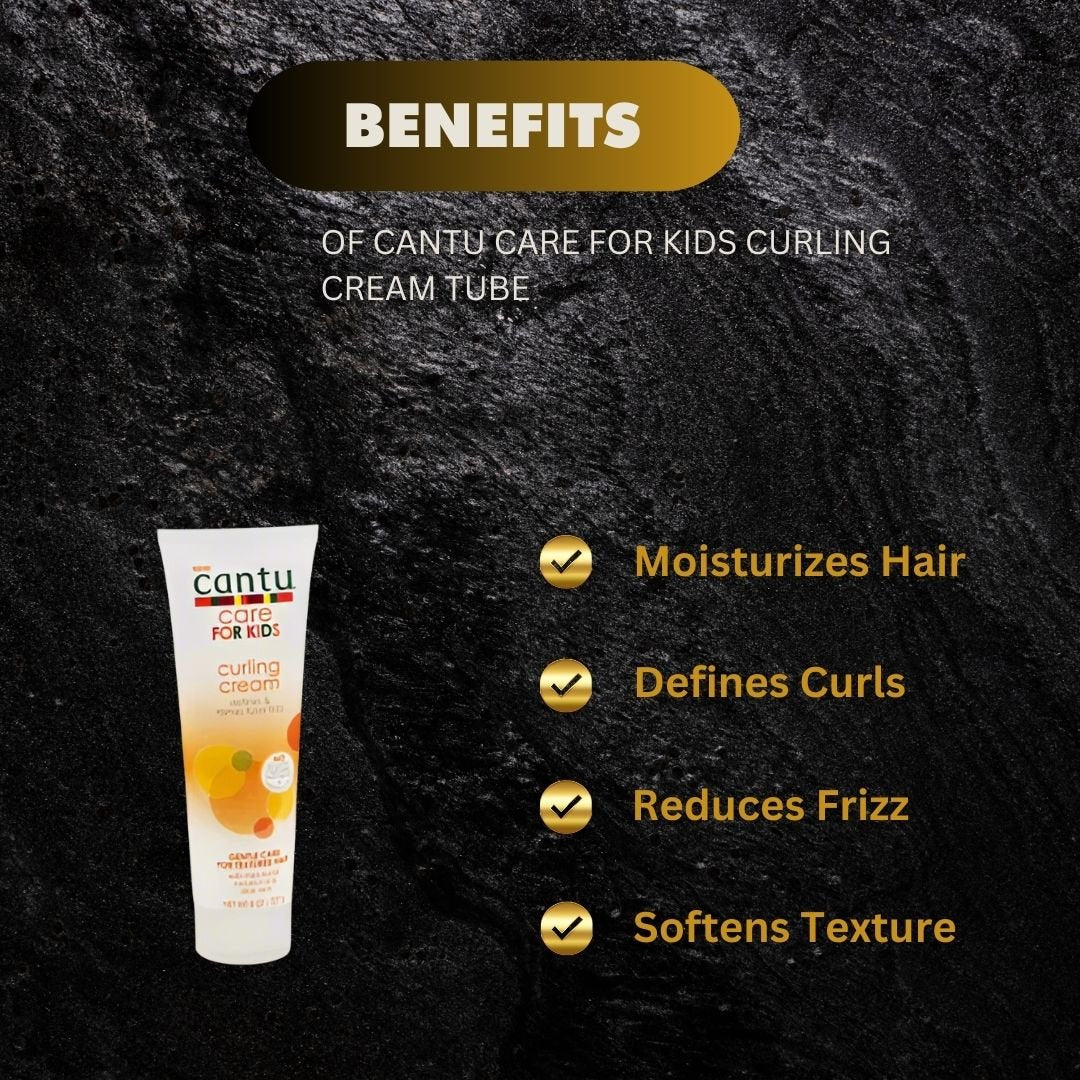 Cantu Care for Kids Curling Cream tube 8oz, showing the white tube with Cantu branding and product labeling for curly hair care.