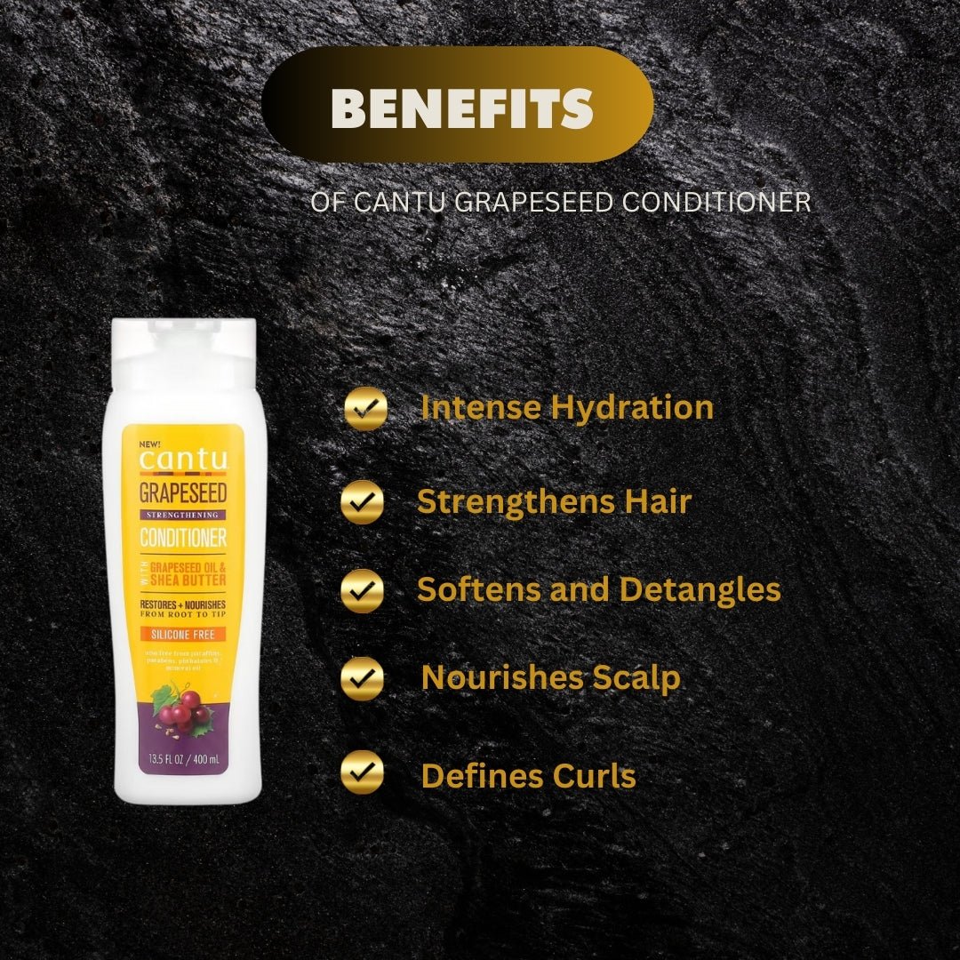 Cantu Grapeseed Strengthening Conditioner in a 13.5 oz bottle, with a clear label and pump dispenser, designed to strengthen hair.