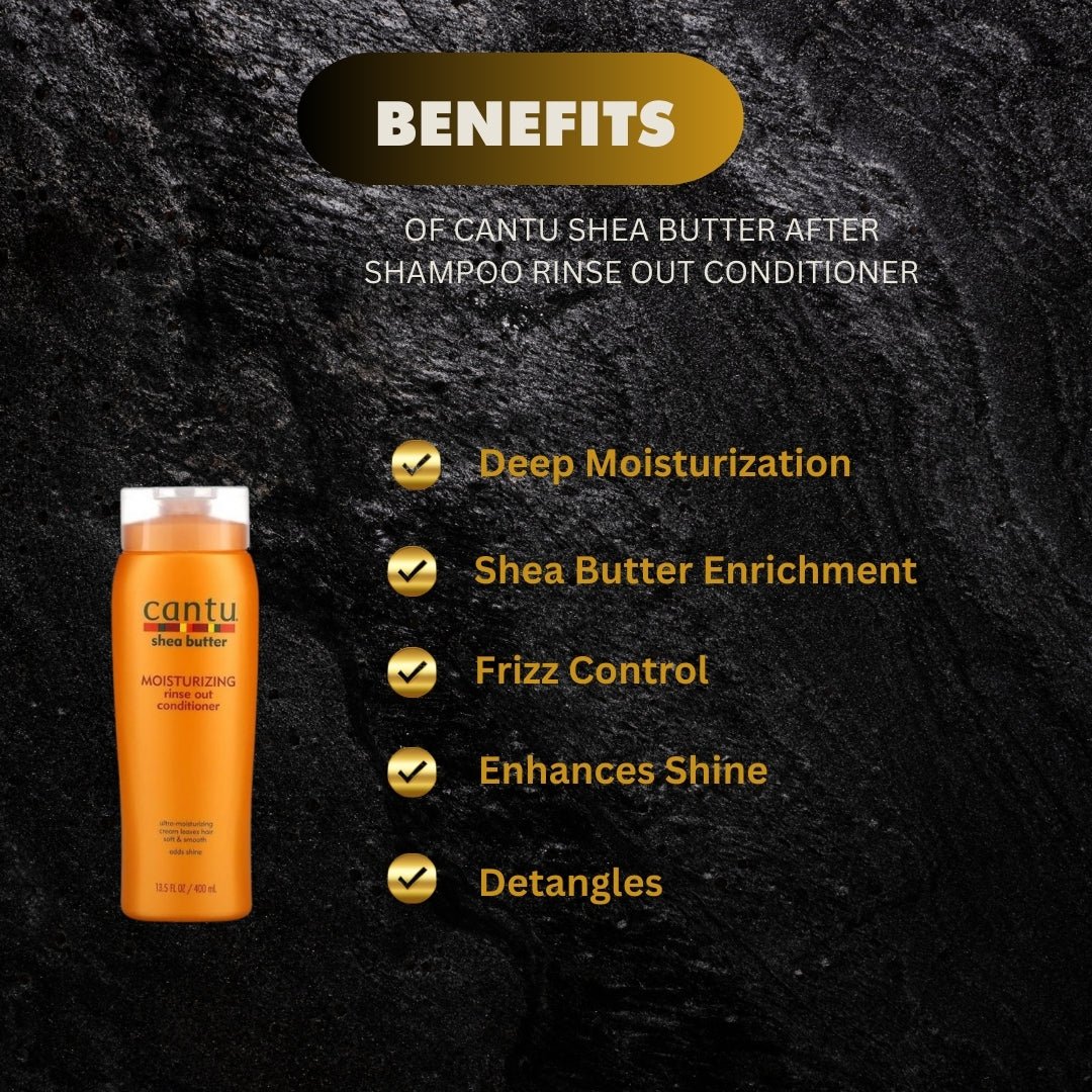 Cantu Shea Butter After Shampoo Rinse Out Conditioner bottle, 13.5 oz, with product label showing on the container.
