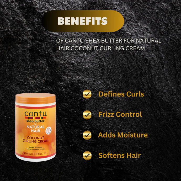 Cantu Shea Butter Coconut Curling Cream in a 25 oz jar, showing the creamy texture and product label with coconut and Shea Butter ingredients