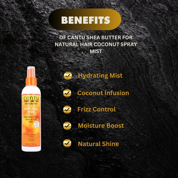 Cantu Shea Butter Coconut Spray Mist 8oz bottle with spray nozzle, moisturizing hair and scalp treatment.
