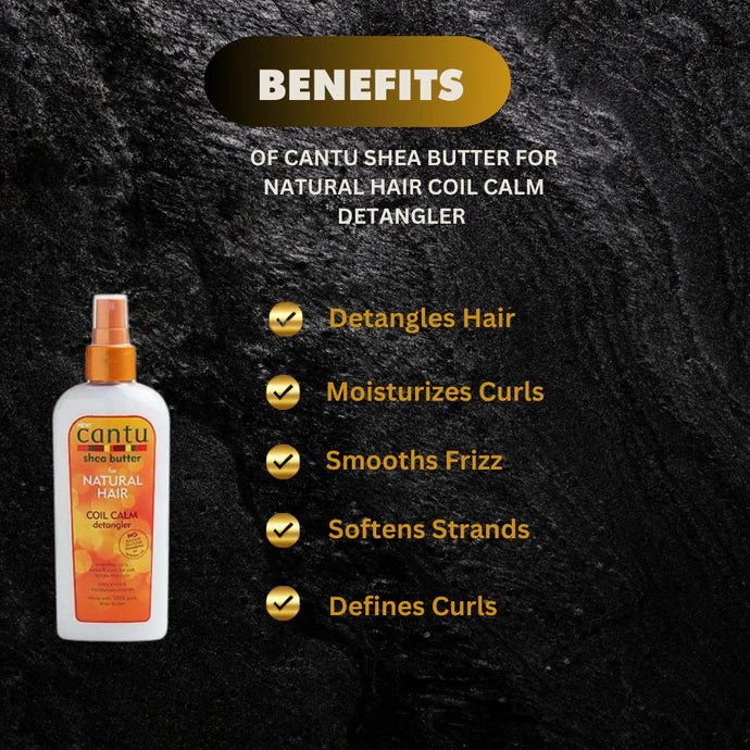 Cantu Shea Butter Coil Calm Detangler 8oz bottle with a pump dispenser, designed for gentle detangling of curly hair.