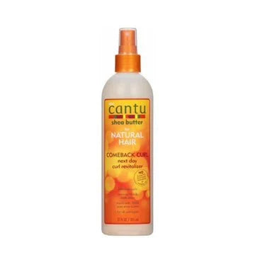 Cantu Shea Butter Curl Revitalizer 12oz bottle with curly hair on a white background, emphasizing hydration and curl definition.