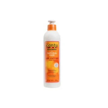 Cantu Shea Butter Curl Stretcher Cream Rinse in a 10oz bottle, featuring creamy texture and label with product details.