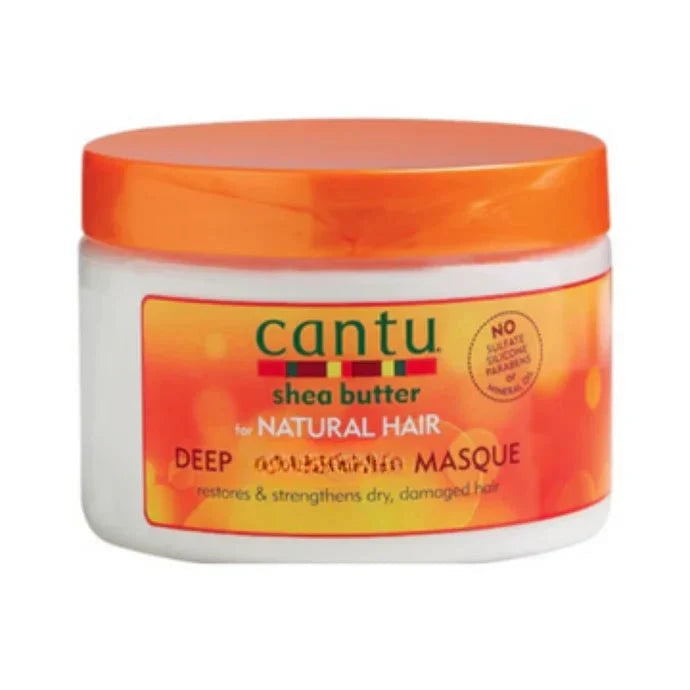 Cantu Shea Butter Deep Masque 12oz jar with white lid and label, designed for deep conditioning of curly and textured hair.