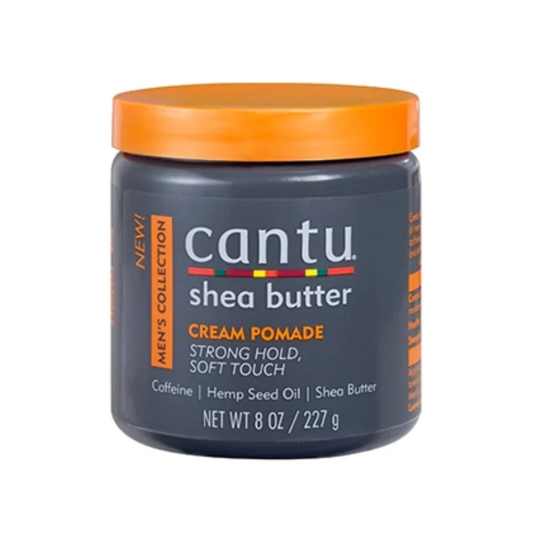 Cantu Shea Butter For Men Cream Pomade 8oz jar with a white lid, designed for styling men's hair with shea butter.