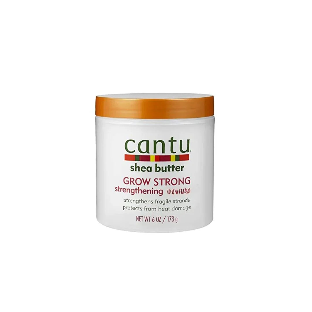 Cantu Shea Butter Grow Strong Strengthening Treatment in a 6 oz jar, featuring creamy texture and natural Shea Butter ingredients.