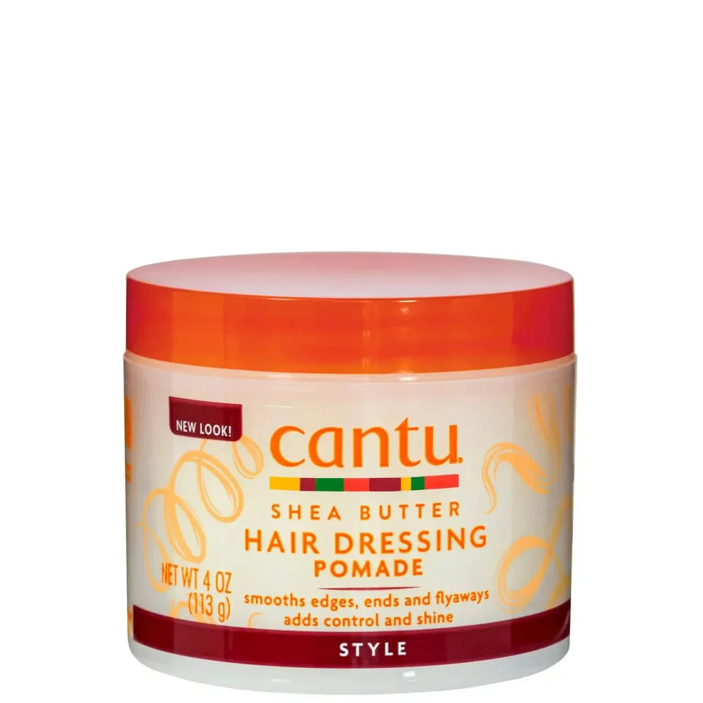 Cantu Shea Butter Hair Dressing Pomade in 4 oz jar, showing smooth, shiny hair with defined curls and healthy shine.
