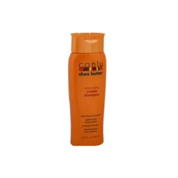 Cantu Shea Butter Moisturizing Cream Shampoo in 13.5 oz bottle, with creamy texture and Shea butter ingredients visible.