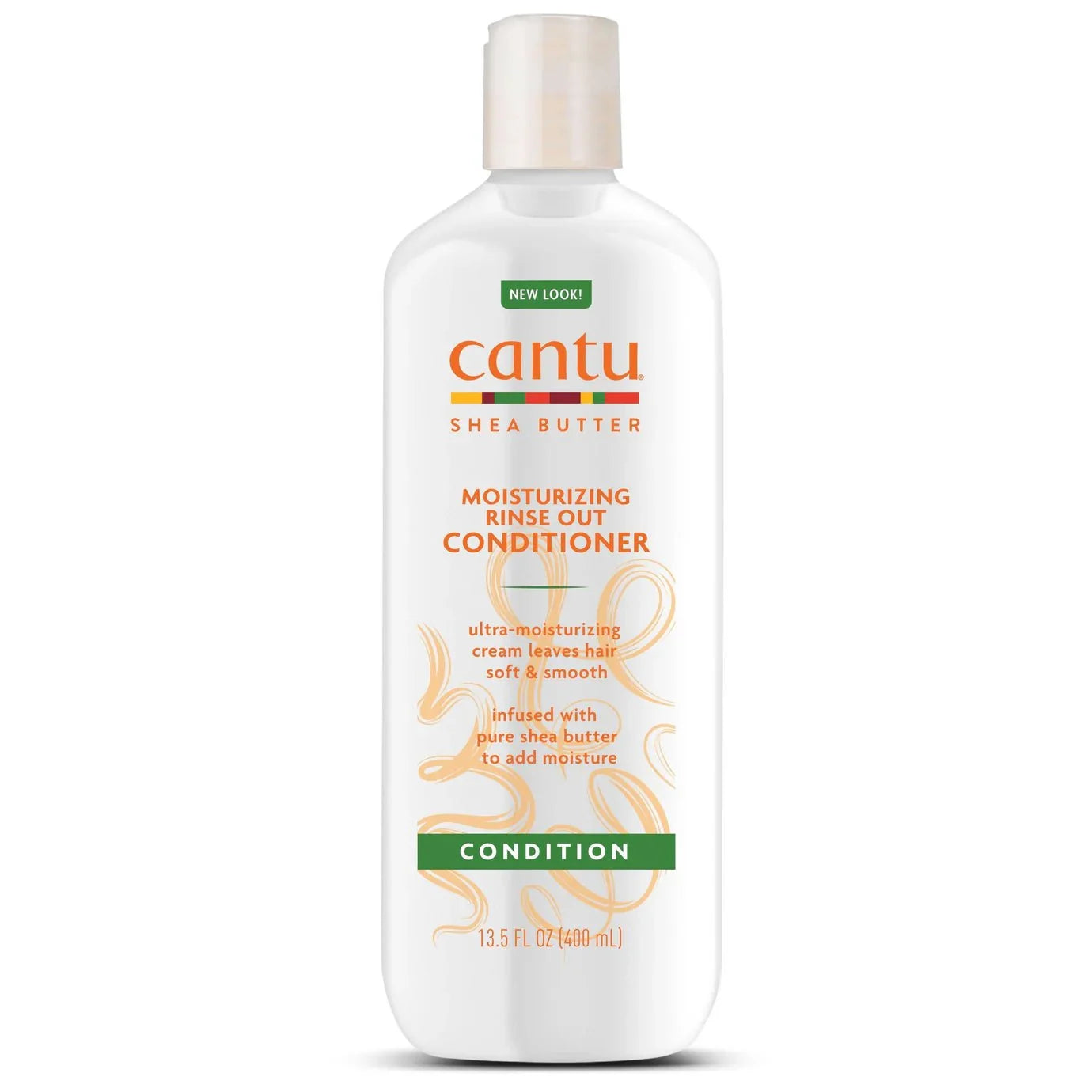 Cantu Shea Butter Moisturizing Rinse Out Conditioner 13.5 oz bottle with white cap and label showing shea butter ingredients.