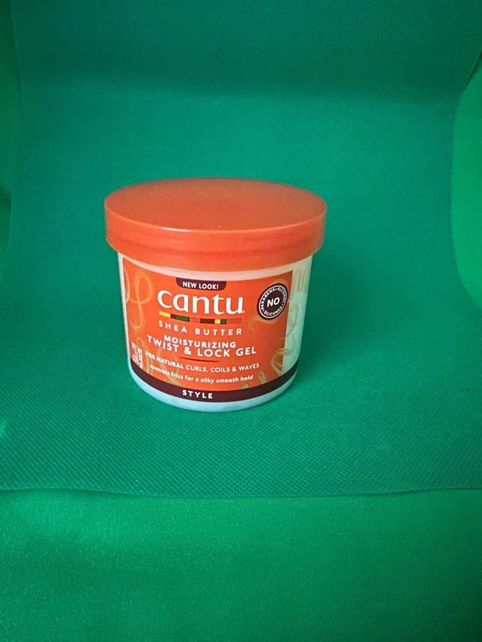 Cantu Shea Butter Moisturizing Twist & Lock Gel in 13 oz jar, showing the product container with label and lid.