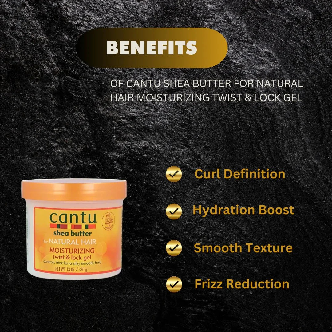 Cantu Shea Butter Moisturizing Twist & Lock Gel in 13 oz jar, with a clear lid and label showing shea butter formula for curly hair styling