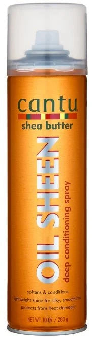 Cantu Shea Butter Oil Sheen Deep Conditioning Spray in 10 oz bottle, with spray nozzle and nourishing formula for hair shine and moisture
