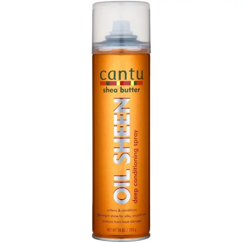 Cantu Shea Butter Oil Sheen Deep Conditioning Spray in a 10 oz spray bottle for nourishing hair shine and moisture.