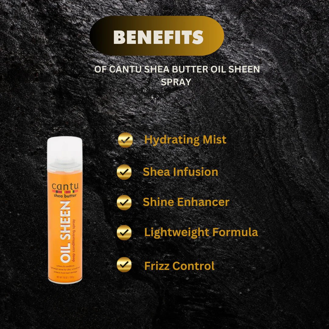 Cantu Shea Butter Oil Sheen Spray 10 oz bottle with spray nozzle, designed for shiny, moisturized hair.