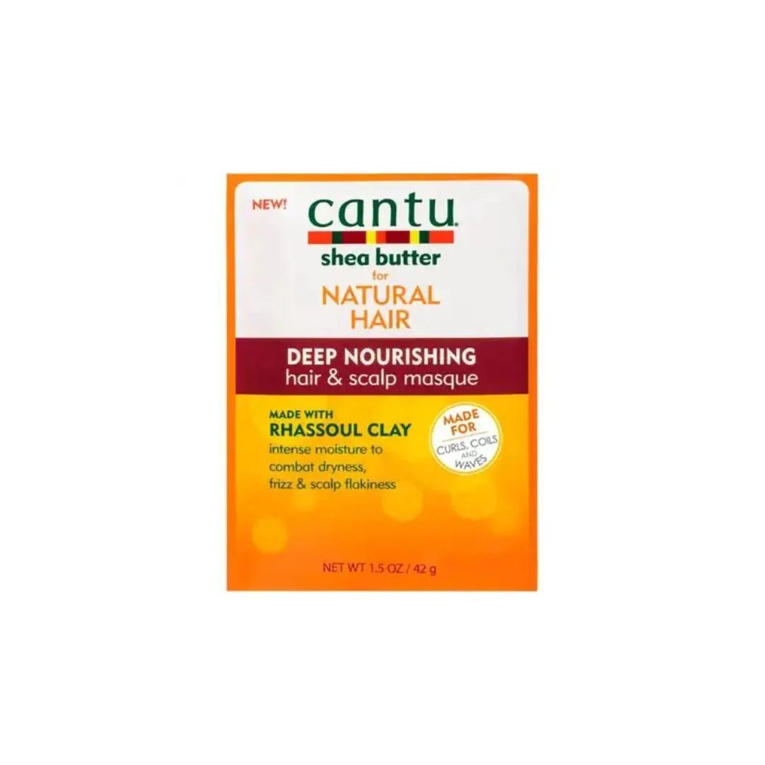 Cantu Shea Butter Rhassoul Clay Nourishing Masque packet, 1.5 oz, for hair hydration and deep cleansing with natural ingredients.
